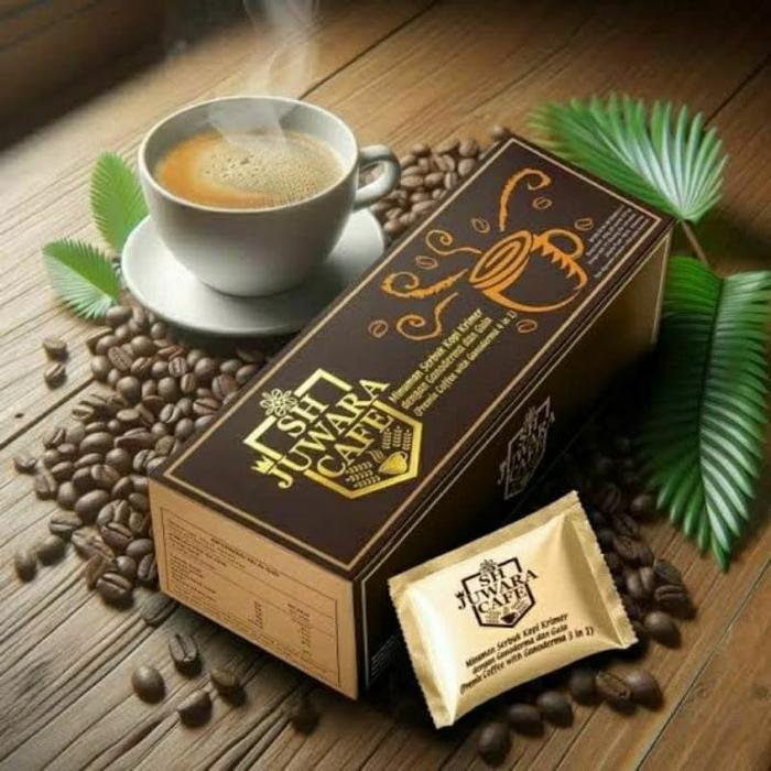 SH Juwara Cafe dengan secangkir kopi dan biji kopi
